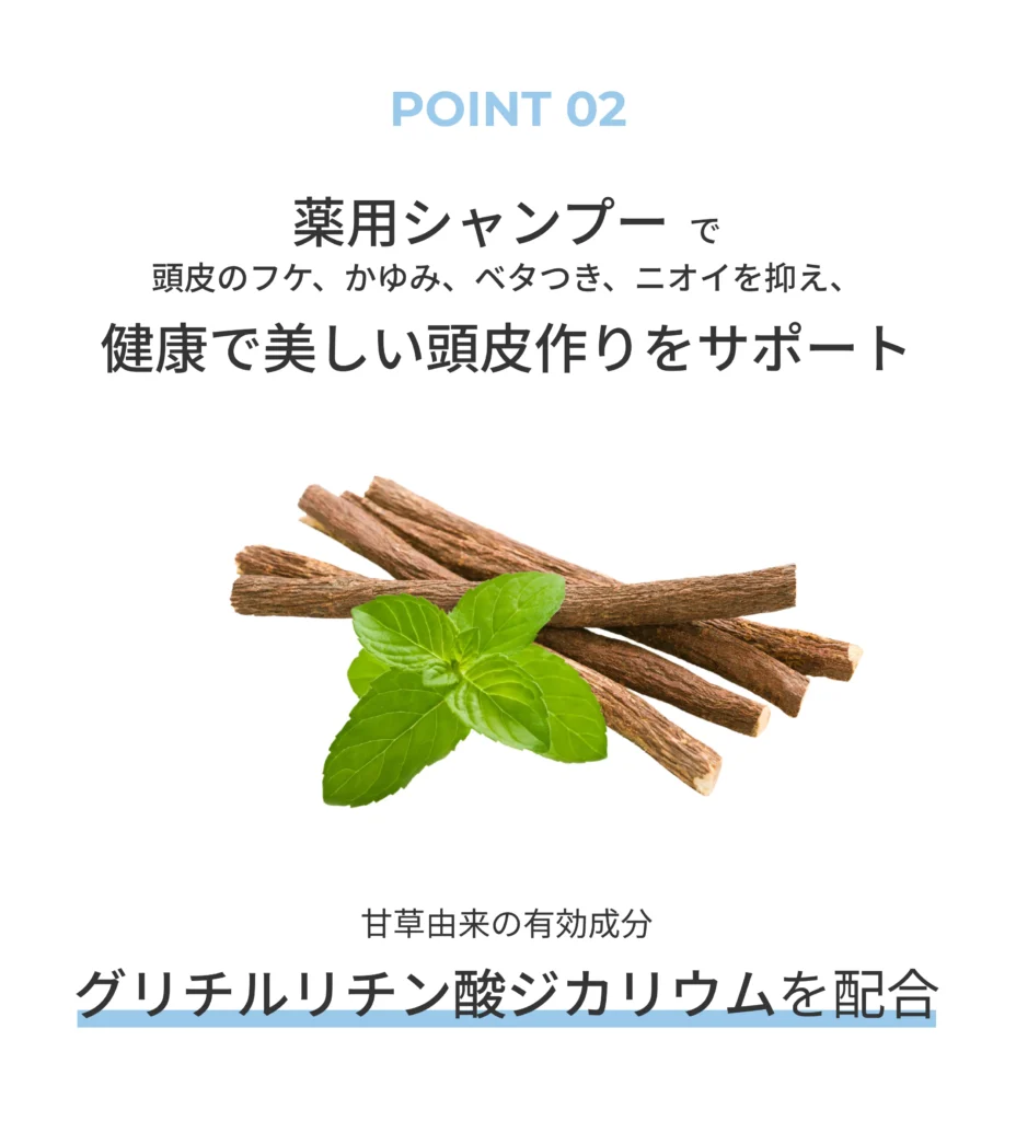 POINT 02 薬用シャンプー で 頭皮のフケ、かゆみ、ベタつき、ニオイを抑え、 健康で美しい頭皮作りをサポート 甘草由来の有効成分 グリチルリチン酸ジカリウムを配合